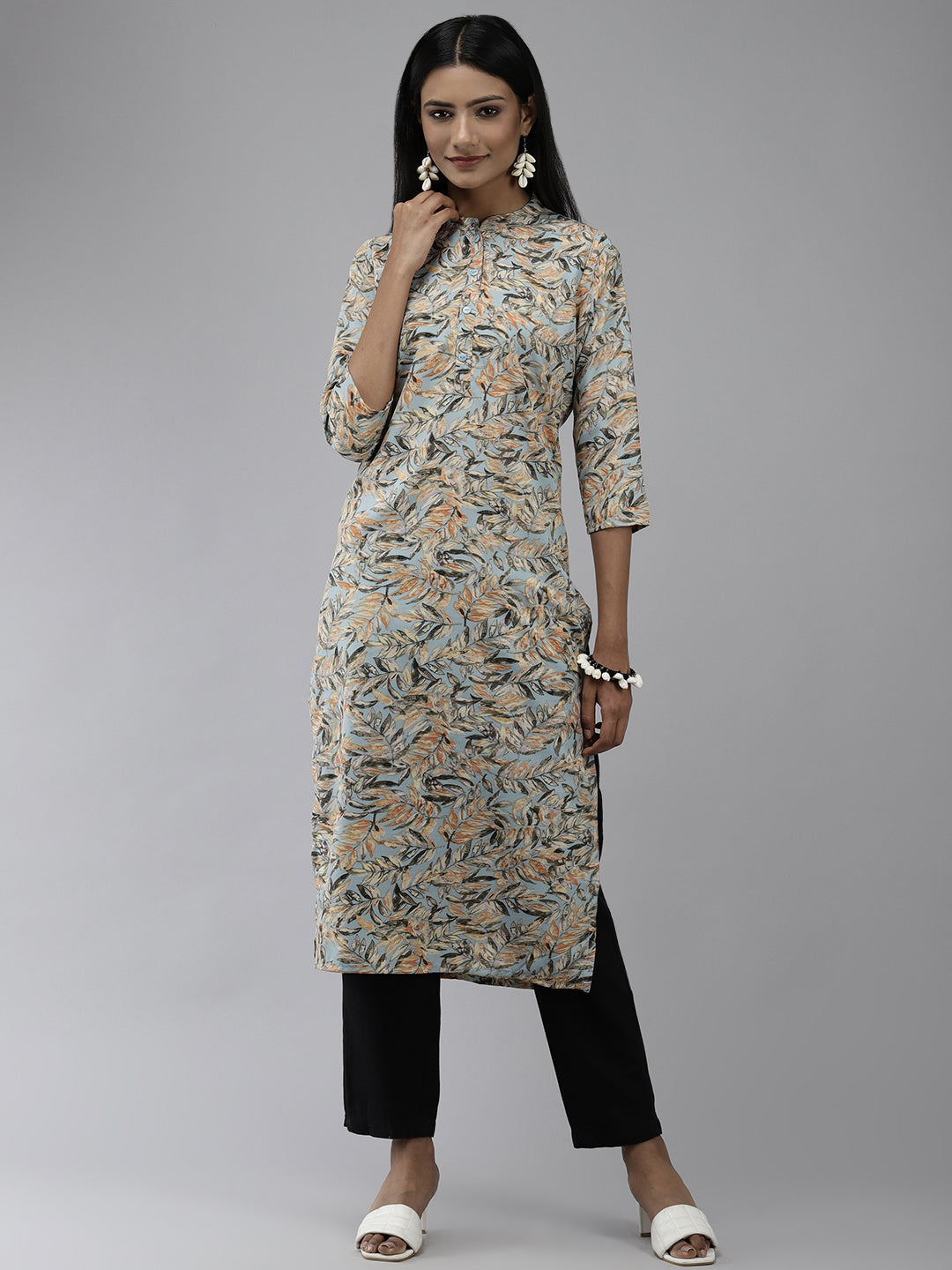 Women's Sky Blue Leaf Printed Kurta - Yufta