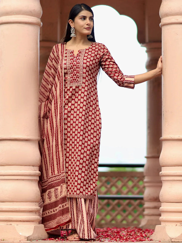 Maroon Printed Cotton Straight Suit With Dupatta