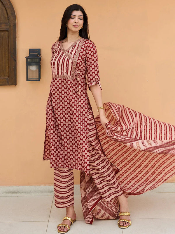 Maroon Printed Cotton Straight Suit With Dupatta