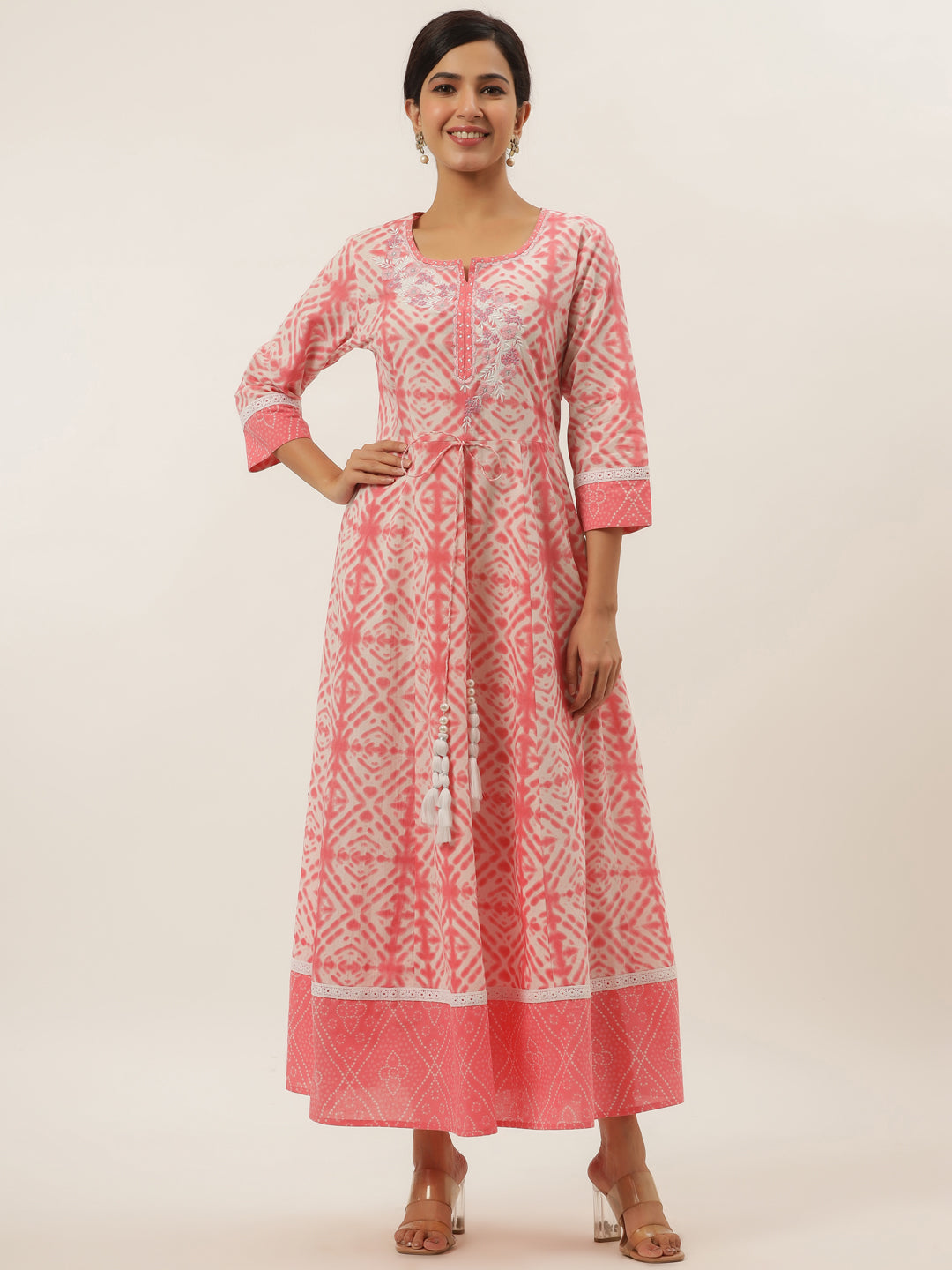 Women's Peach And White Embroidery Cotton Maxi Dress - Yufta