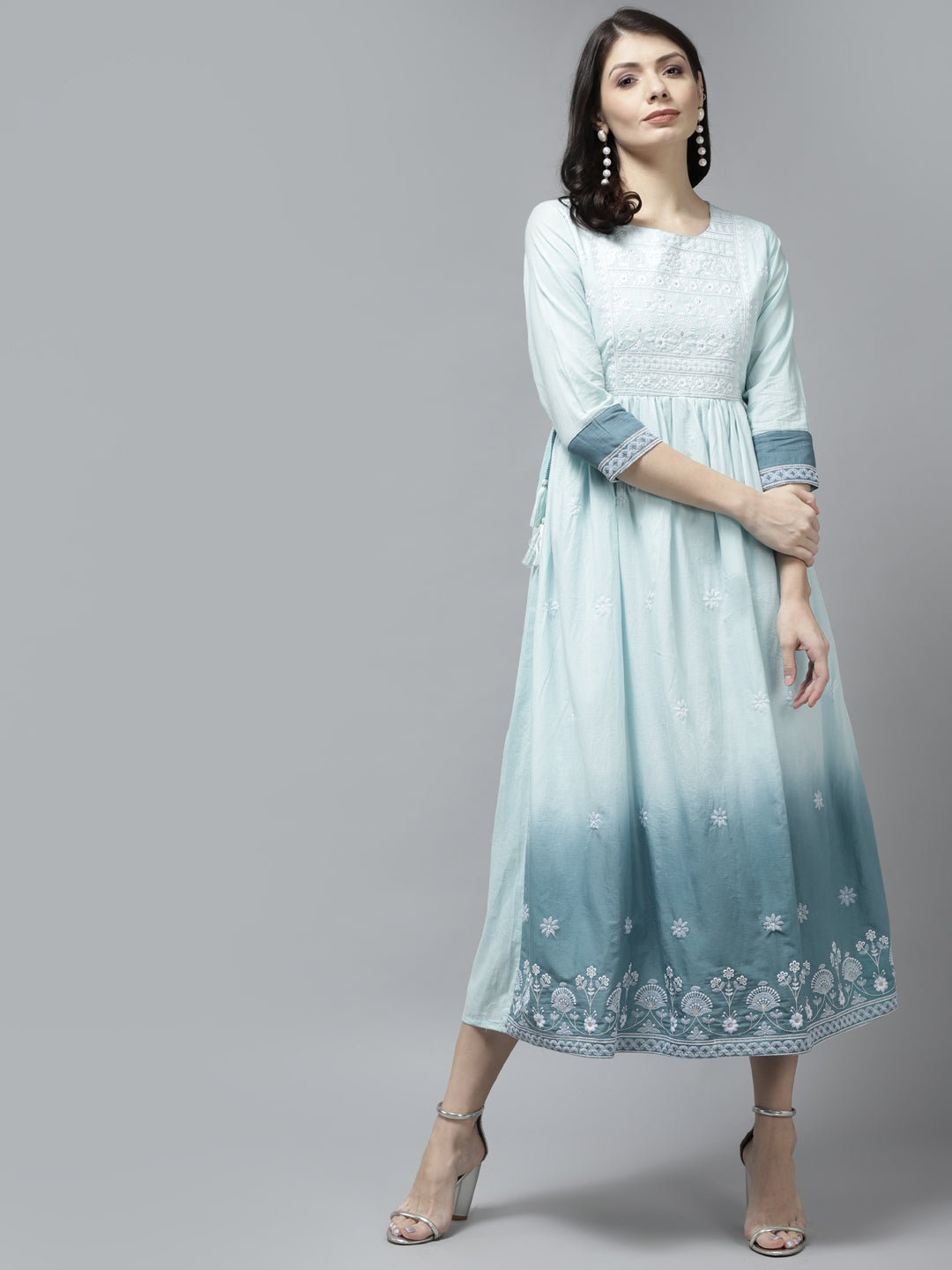 Women's Sky Blue Solid Embroidery Cotton Maxi Dress - Yufta