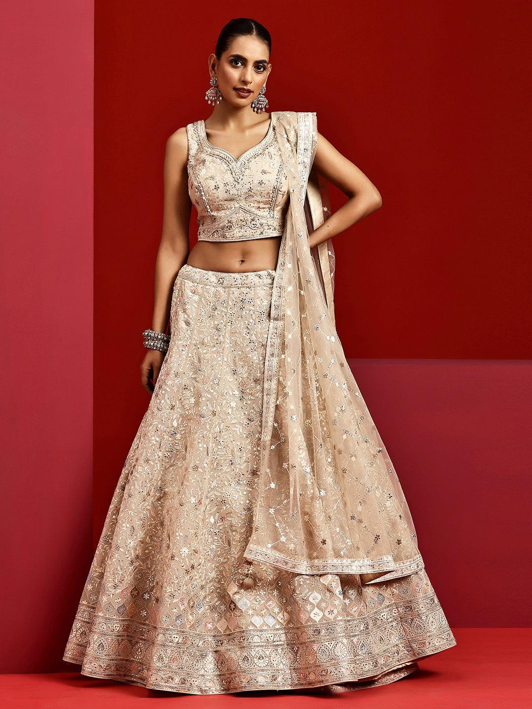 Jashvi Art Beige Embroidered Silk Blend Lehenga Set - Jashvi