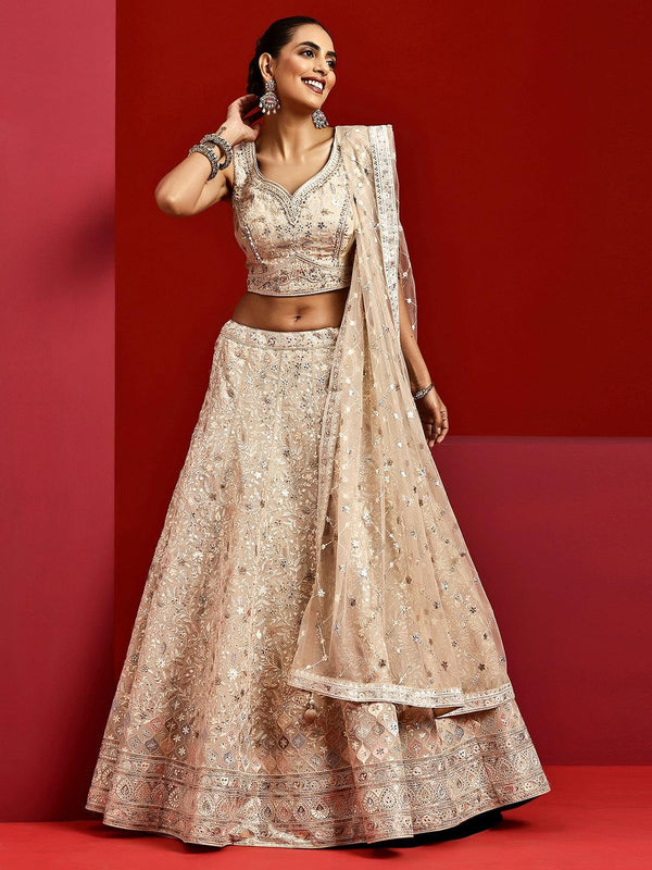 Jashvi Art Beige Embroidered Silk Blend Lehenga Set