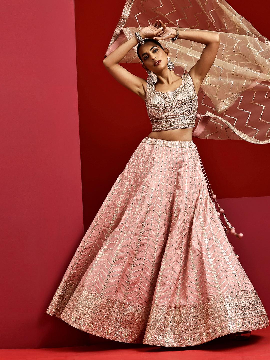 Jashvi Art Pink Embellished Silk Blend Lehenga Set - Jashvi