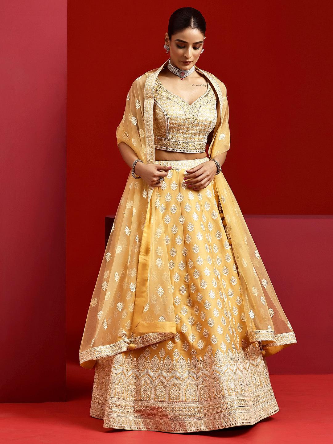 Jashvi Art Yellow Embroidered Silk Blend Lehenga Set - Jashvi