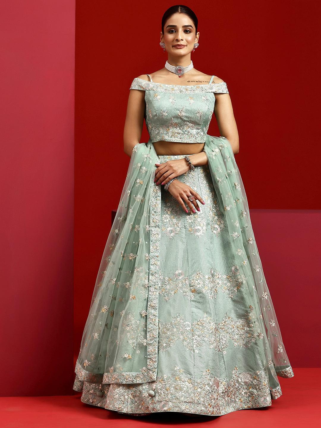 Jashvi Green Embroidered Silk Blend Lehenga Set - Jashvi