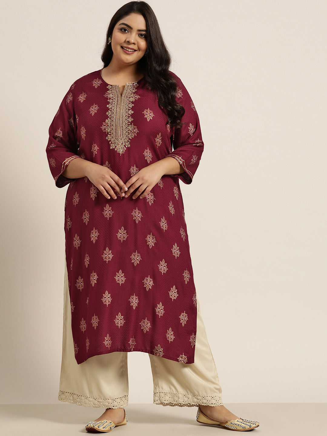 Women's Burgundy Rayon Dobby Printed Straight Kurta - Juniper