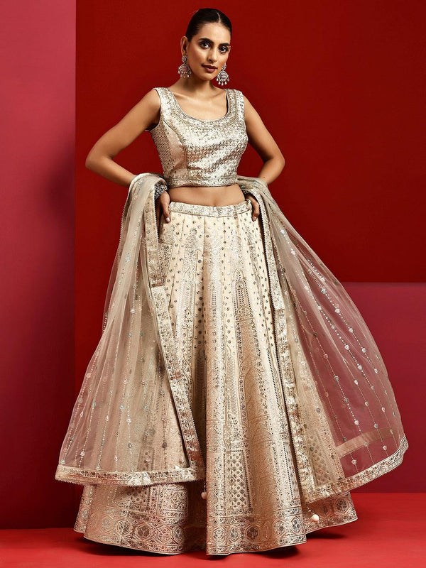 Jashvi Art Beige Embroidered Silk Blend Lehenga Set