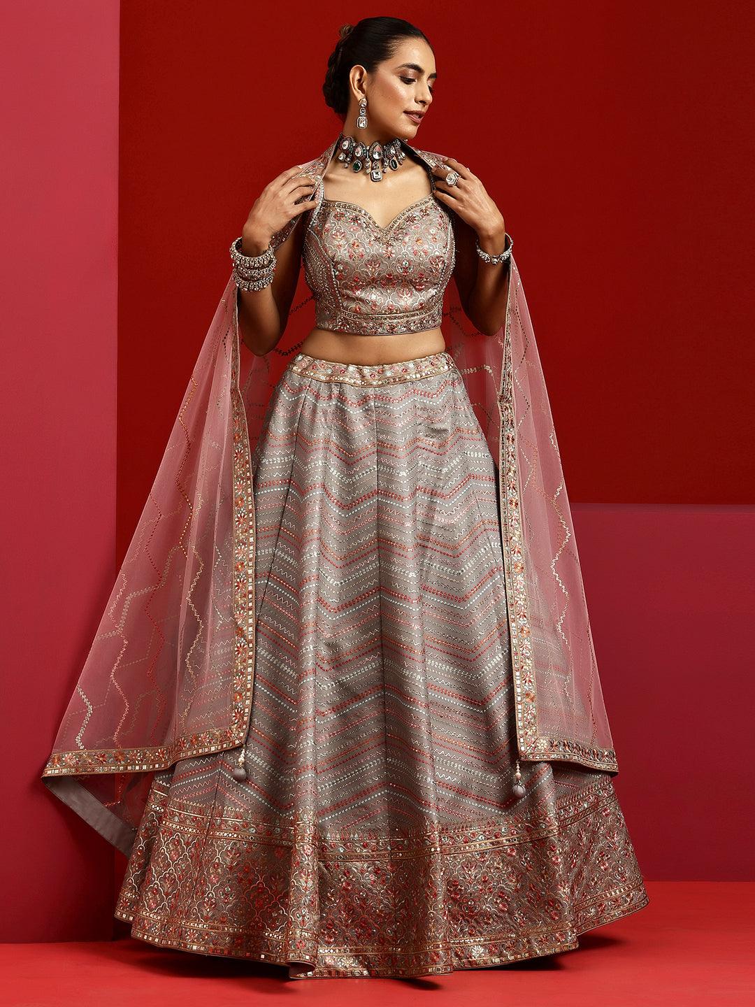 Jashvi Art Grey Embroidered Silk Blend Lehenga Set - Jashvi