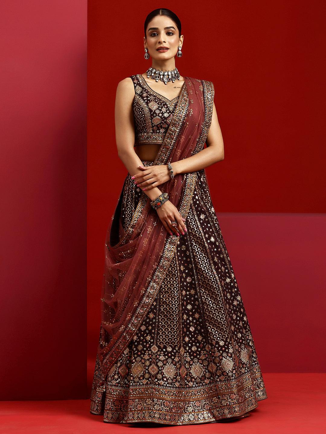 Jashvi Wine Embroidered Silk Blend Lehenga Set - Jashvi