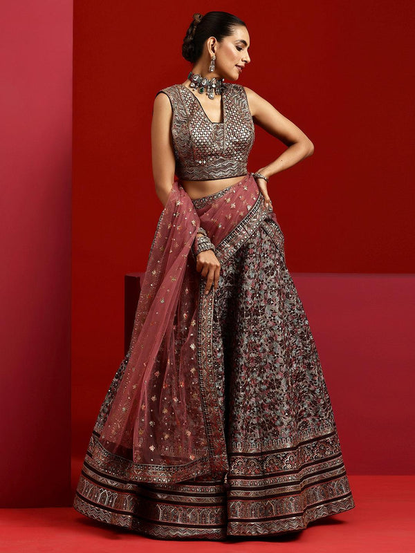 Jashvi Art Wine Embroidered Silk Blend Lehenga Set - Jashvi