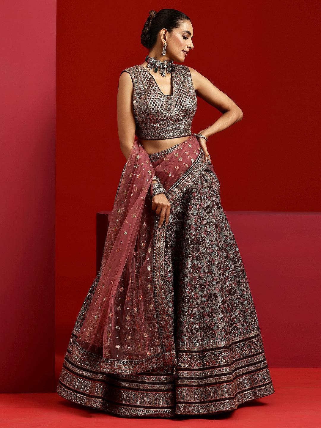 Jashvi Wine Embroidered Silk Blend Lehenga Set - Jashvi