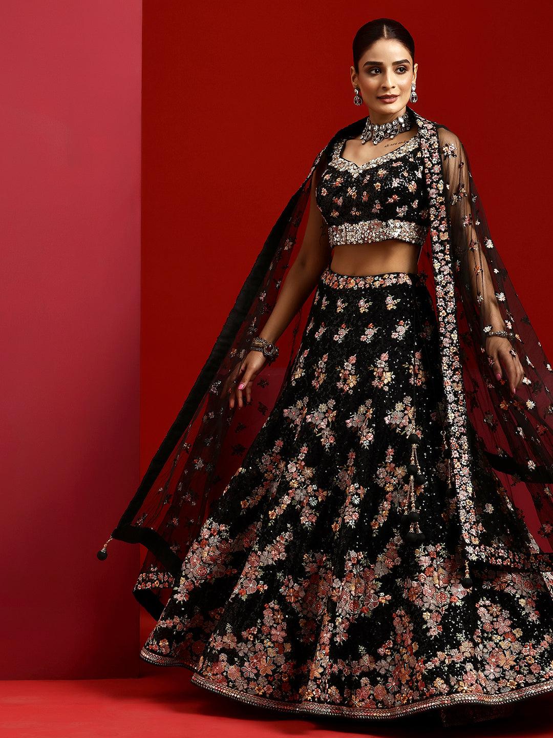 Jashvi Art Black Embroidered Silk Blend Lehenga Set - Jashvi