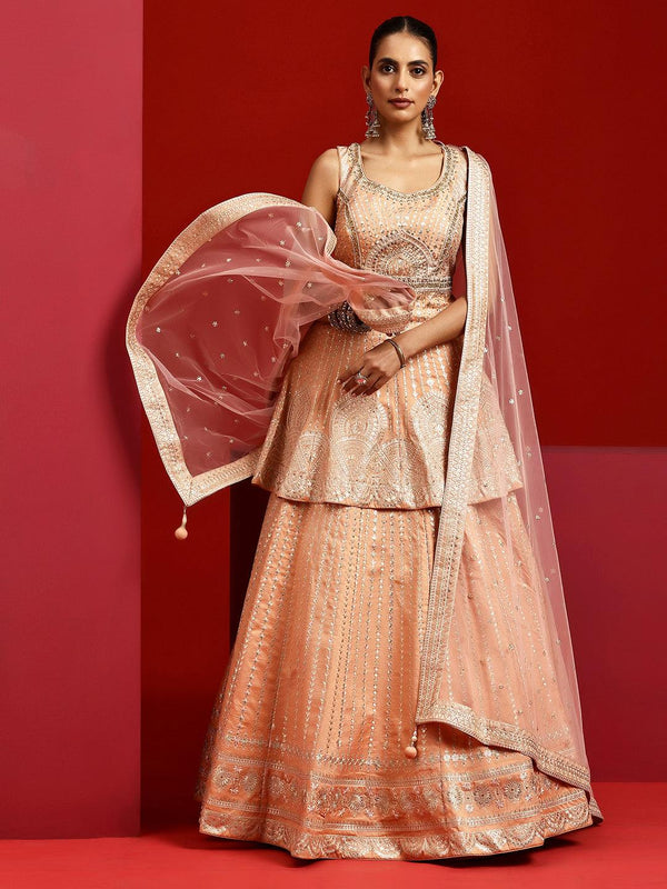 Jashvi Art Peach Embroidered Silk Blend Lehenga Set