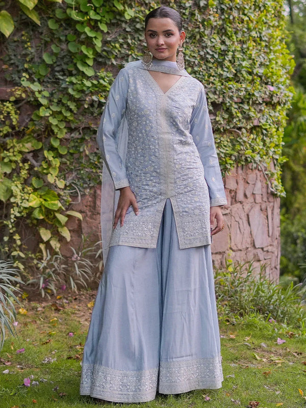 Jashvi Art Grey Embroidered Silk Blend Straight Suit With Dupatta