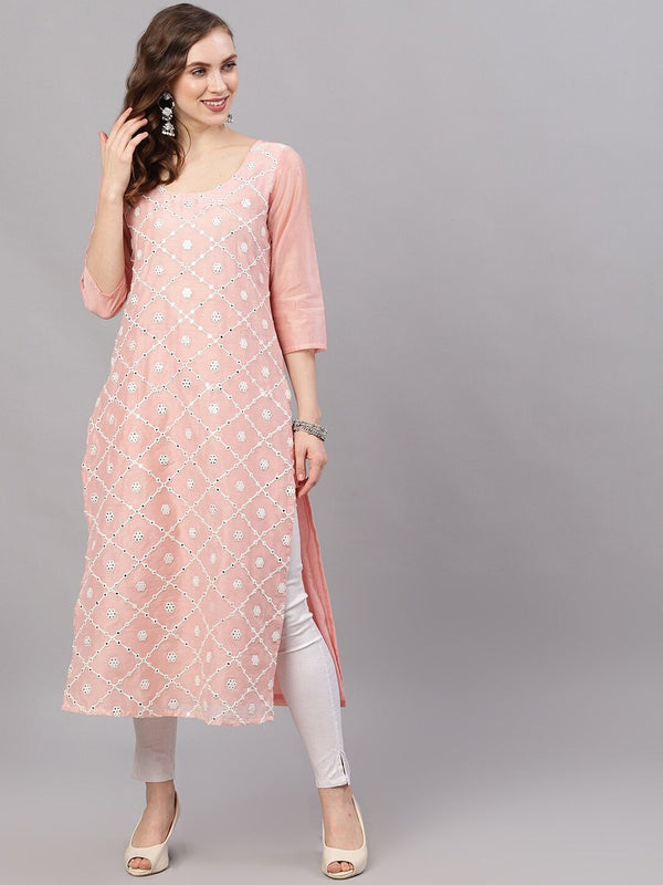 Women's  Peach-Coloured & White Embroidered Straight Kurta - AKS