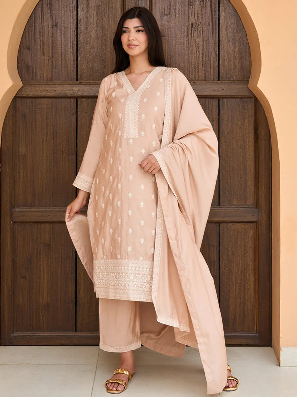 Beige Embroidered Silk Blend Straight Suit With Dupatta