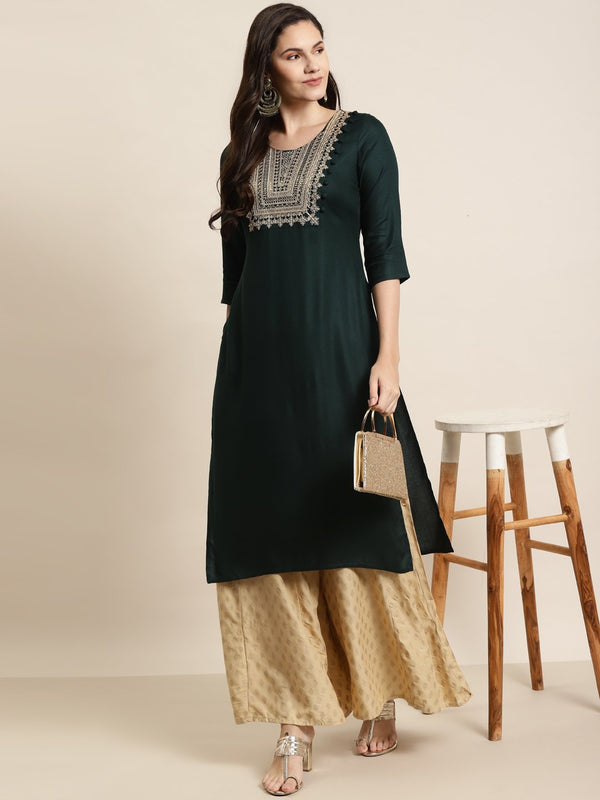 Women's Rayon Moss Embroidered Straight Kurta -Juniper