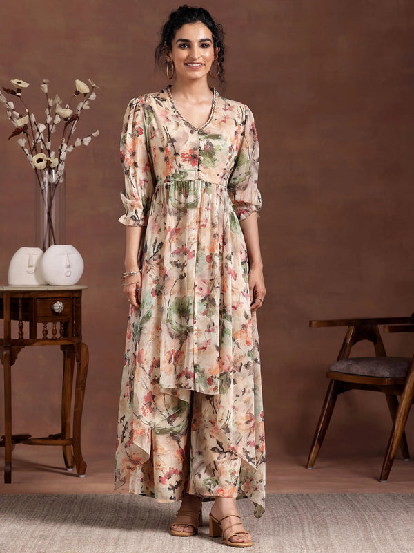 Beige Printed Chiffon Co-Ords