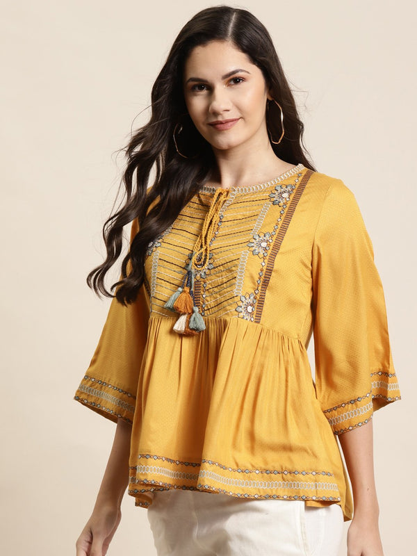 Women's Rayon Dobby Embroidered Peplum Tunic -Juniper