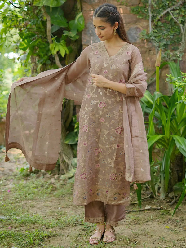 Brown Woven Design Chanderi Silk Straight Suit With Dupatta