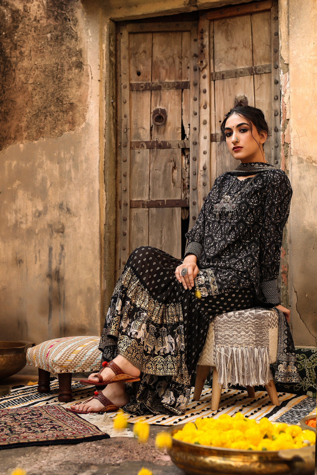 Women's Black Georgette Printed Kurta, Sharara & Dupatta Set - Juniper