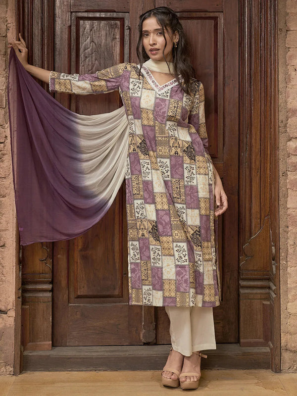 Off white Printed Cotton Straight Suit With Dupatta