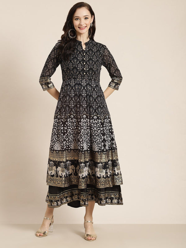 Women's Black Georgette Gold Foil Print Layered Dress - Juniper