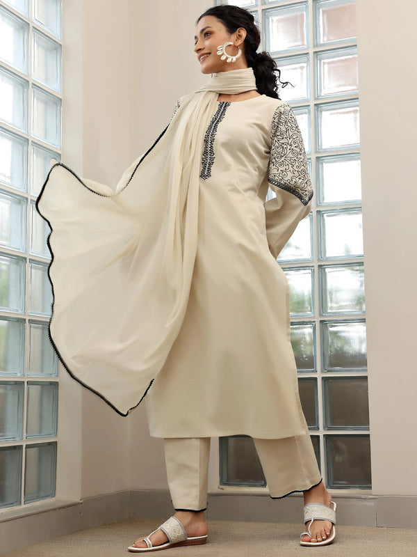 Beige Solid Cotton Blend Straight Suit With Dupatta