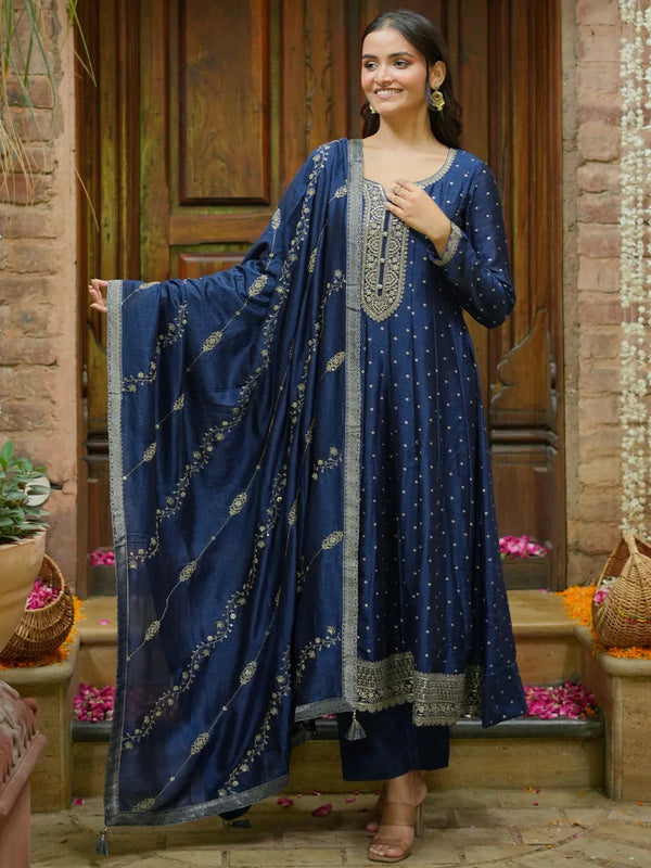 Rizwana Blue Embroidered Silk Blend A-Line Kurta With Trousers & Dupatta