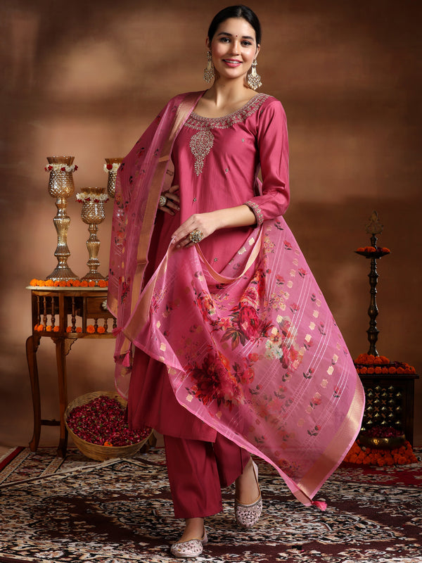 Pink Embroidered Silk Blend Straight Suit With Dupatta