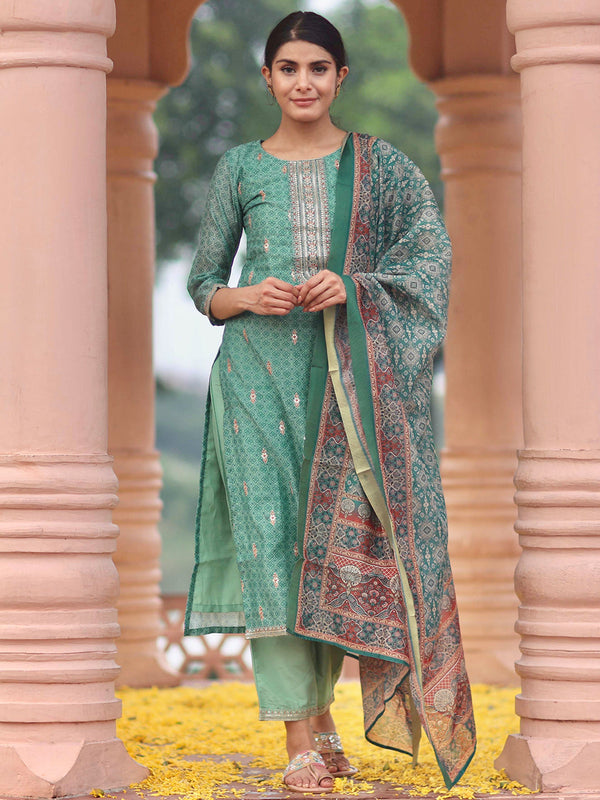 Green Printed Silk Blend Straight Suit With Dupatta