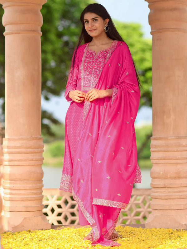 Pink Printed Silk Blend Straight Suit With Dupatta