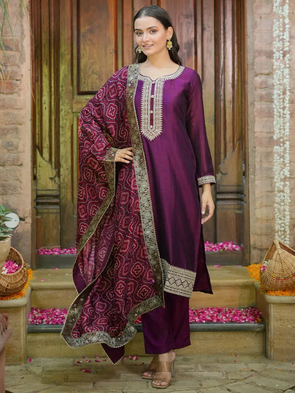 Wine Embroidered Silk Blend Straight Suit With Dupatta