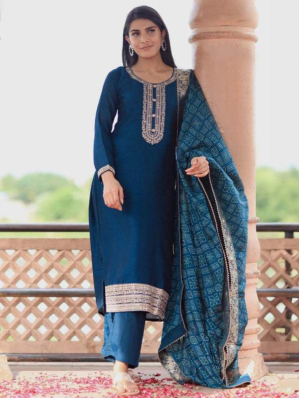 Teal Embroidered Silk Blend Straight Suit With Dupatta