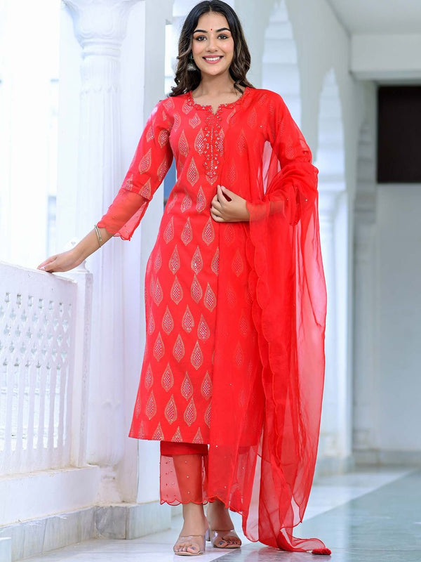 Women's Ruby Red Hand Block Suit Set - Hatheli