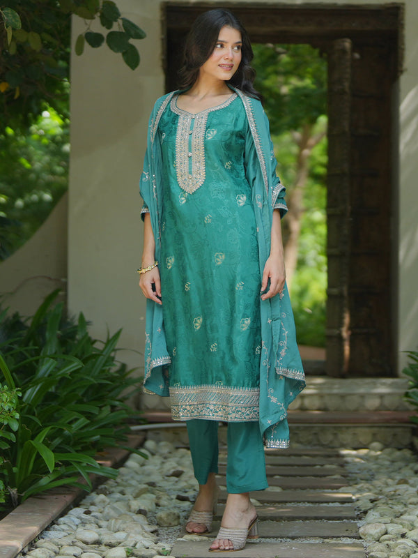 Turquoise Woven Design Silk Blend Straight Suit With Dupatta