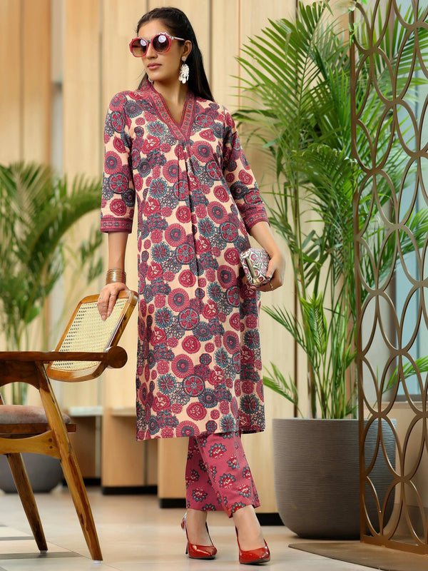 Peach Printed Cotton Straight Kurta Set