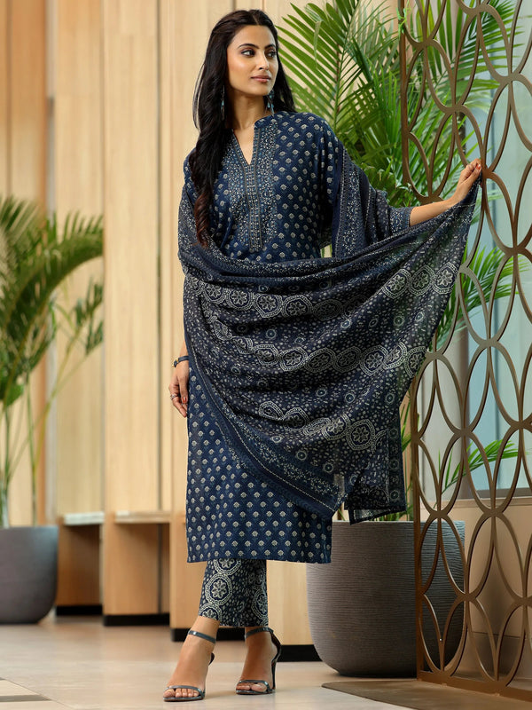 Blue Printed Cotton Straight Suit With Dupatta