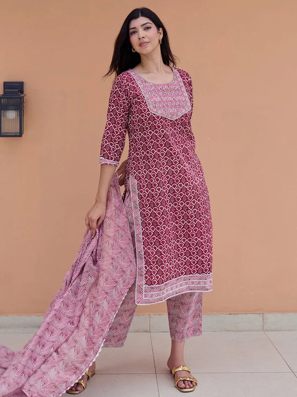 Maroon Printed Cotton Straight Suit With Dupatta