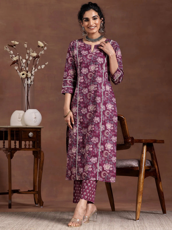 Wine Printed Cotton Straight Kurta Set