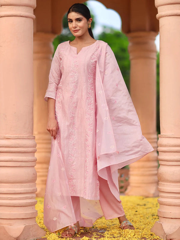 Jashvi Art Pink Embroidered Chanderi Silk Straight Suit With Dupatta