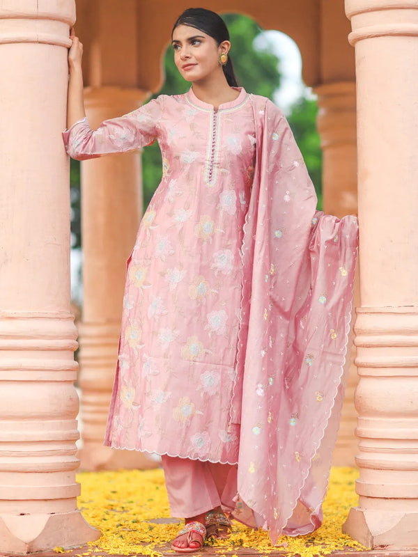 Jashvi Art Pink Embroidered Chanderi Silk Straight Suit With Dupatta