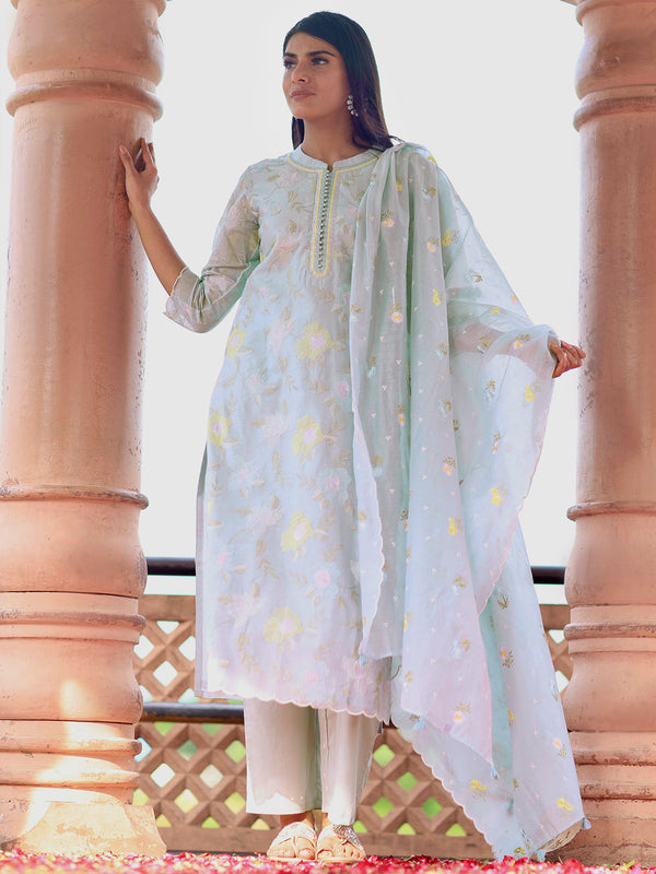 Jashvi Art Blue Embroidered Chanderi Silk Straight Suit With Dupatta