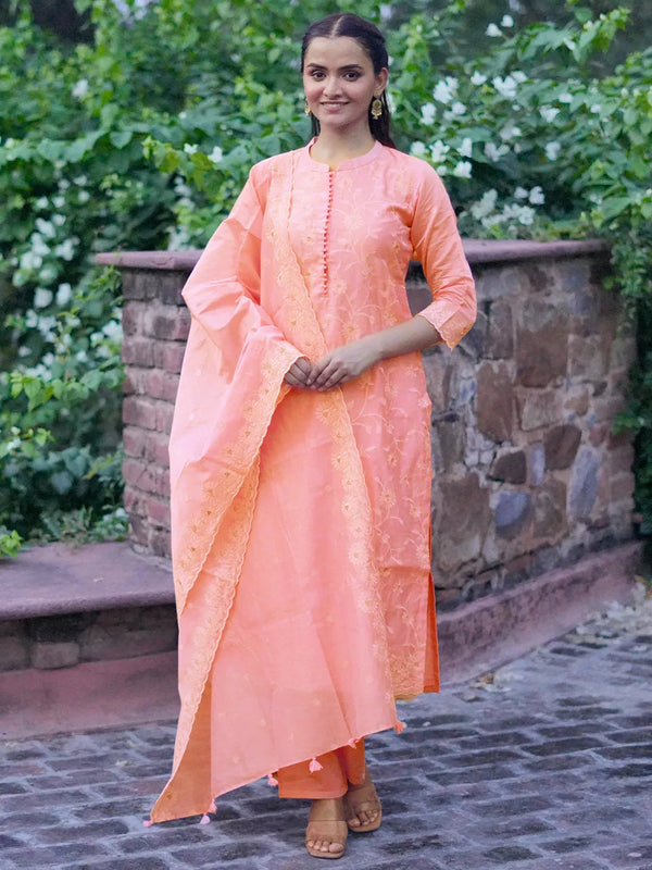 Jashvi Art Pink Embroidered Chanderi Silk Straight Suit With Dupatta