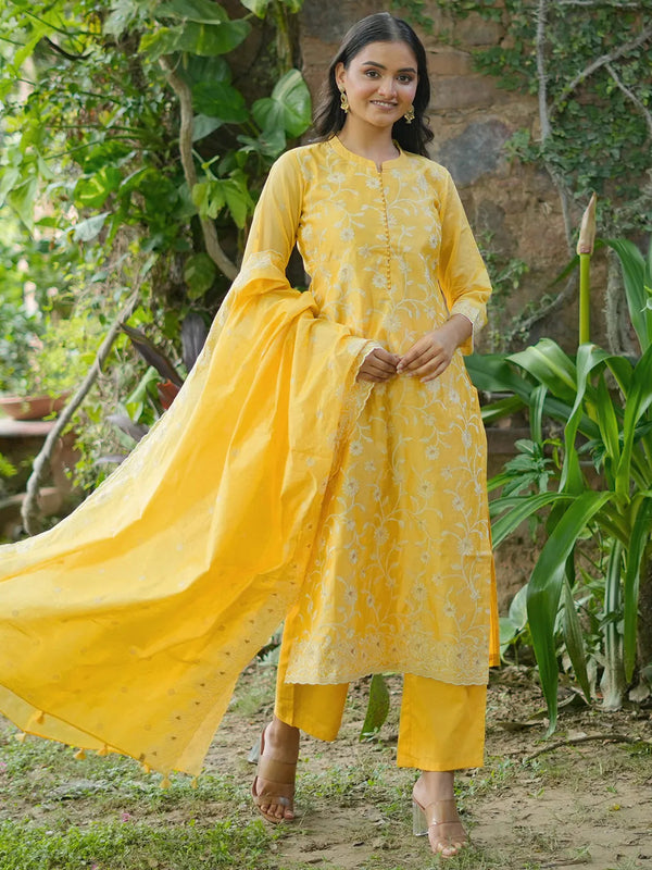 Jashvi Art Yellow Embroidered Chanderi Silk Straight Suit With Dupatta