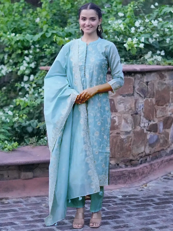 Jashvi Art Blue Embroidered Chanderi Silk Straight Suit With Dupatta