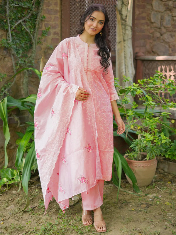 Jashvi Art Pink Embroidered Chanderi Silk Straight Suit With Dupatta