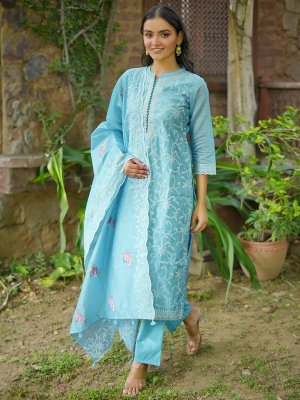 Jashvi Art Blue Embroidered Chanderi Silk Straight Suit With Dupatta