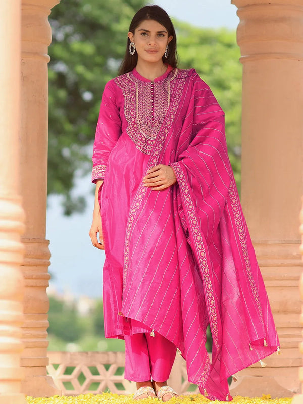 Jashvi Art Pink Yoke Design Chanderi Silk Straight Suit With Dupatta